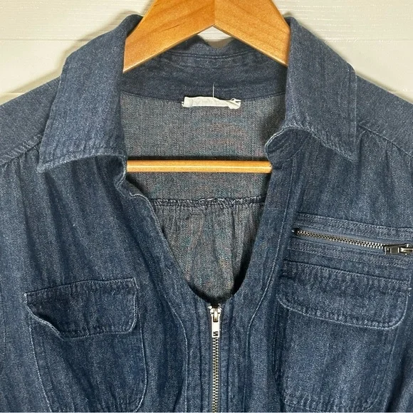Denim Zip‑Front Utility Dress Small Smocked Waist Roll‑Tab Sleeves - Picture 5 of 7